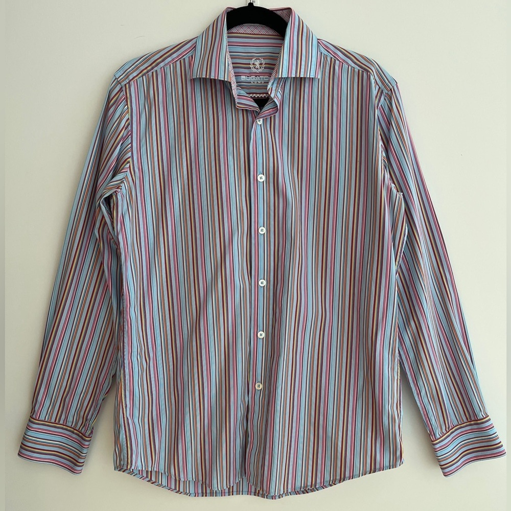 BUGATCHI Shaped Fit Stripe Contrast Interior Cuff Long Sleeve Button Down Shirt
